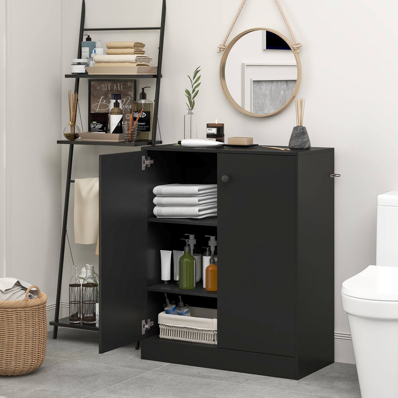 2-Door Modern Floor Cabinet, 3-Tier Shelf, Black Cabinets & Chests at Gallery Canada