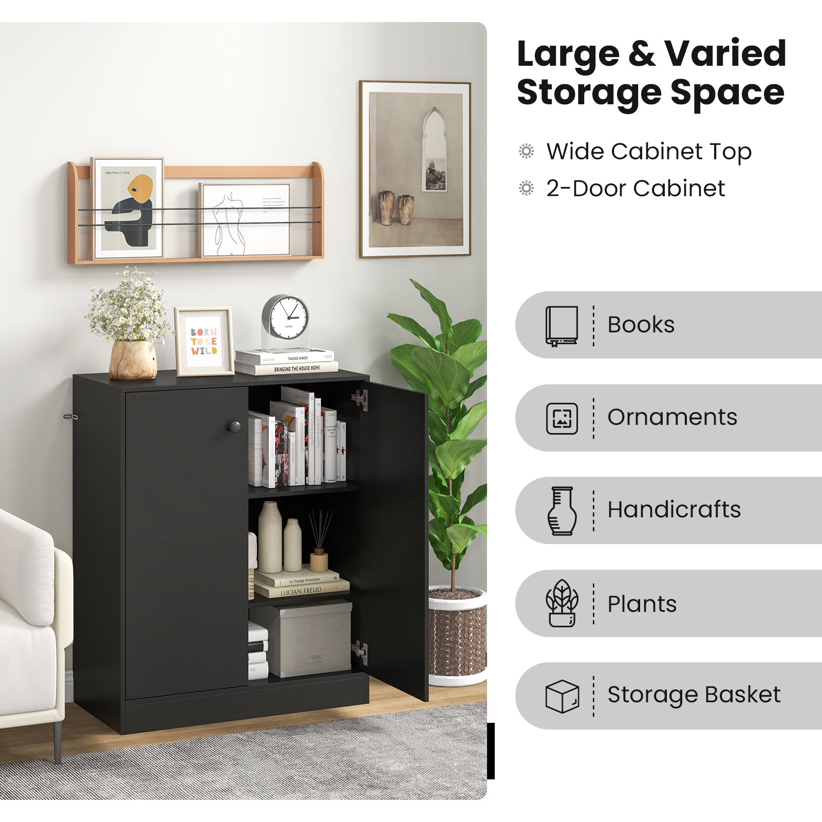 2-Door Modern Floor Cabinet, 3-Tier Shelf, Black Cabinets & Chests at Gallery Canada