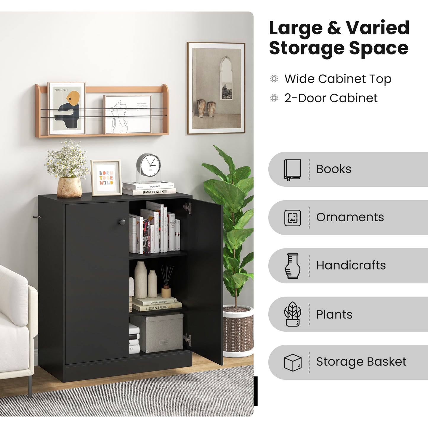 2-Door Modern Floor Cabinet, 3-Tier Shelf, Black Cabinets & Chests at Gallery Canada