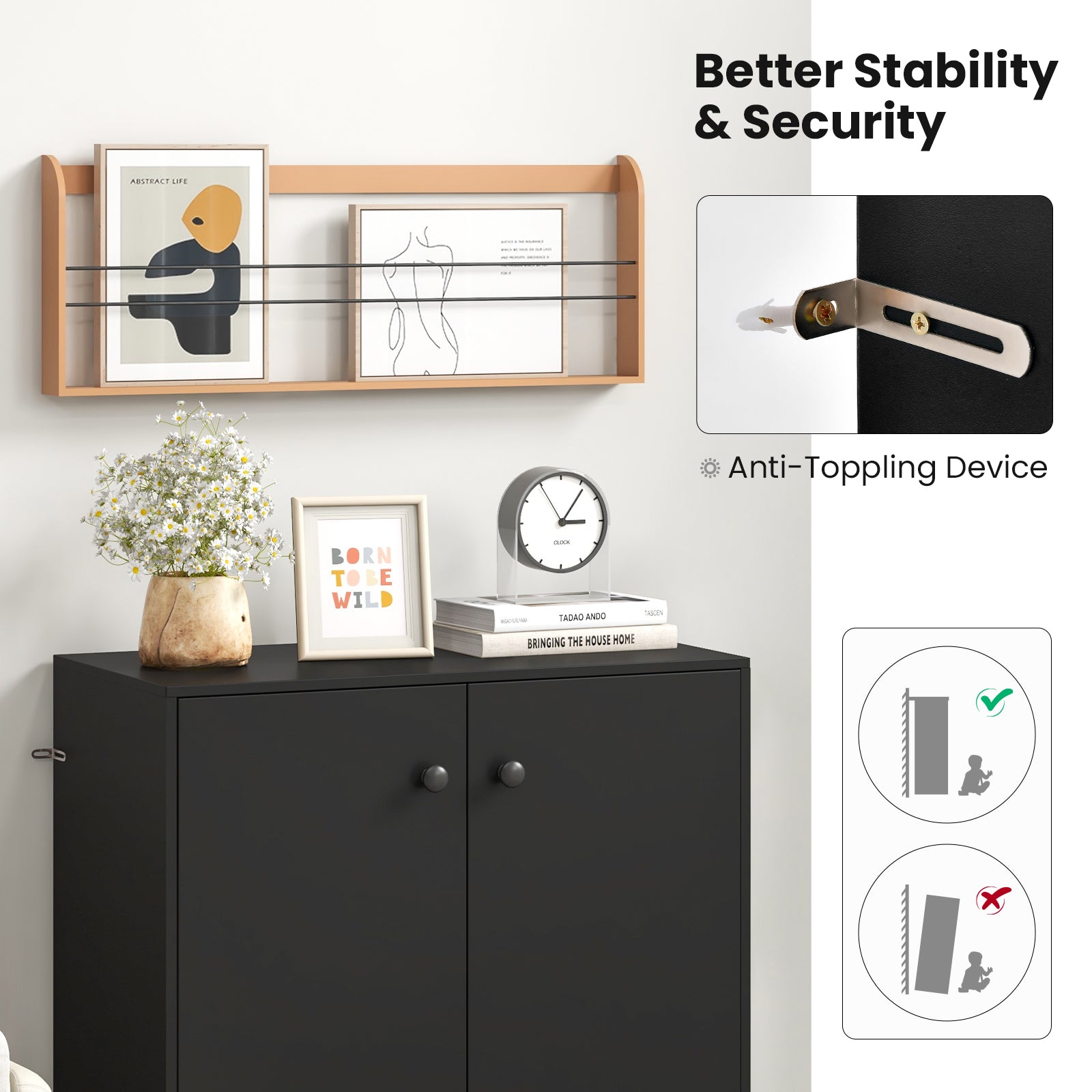 2-Door Modern Floor Cabinet, 3-Tier Shelf, Black Cabinets & Chests at Gallery Canada