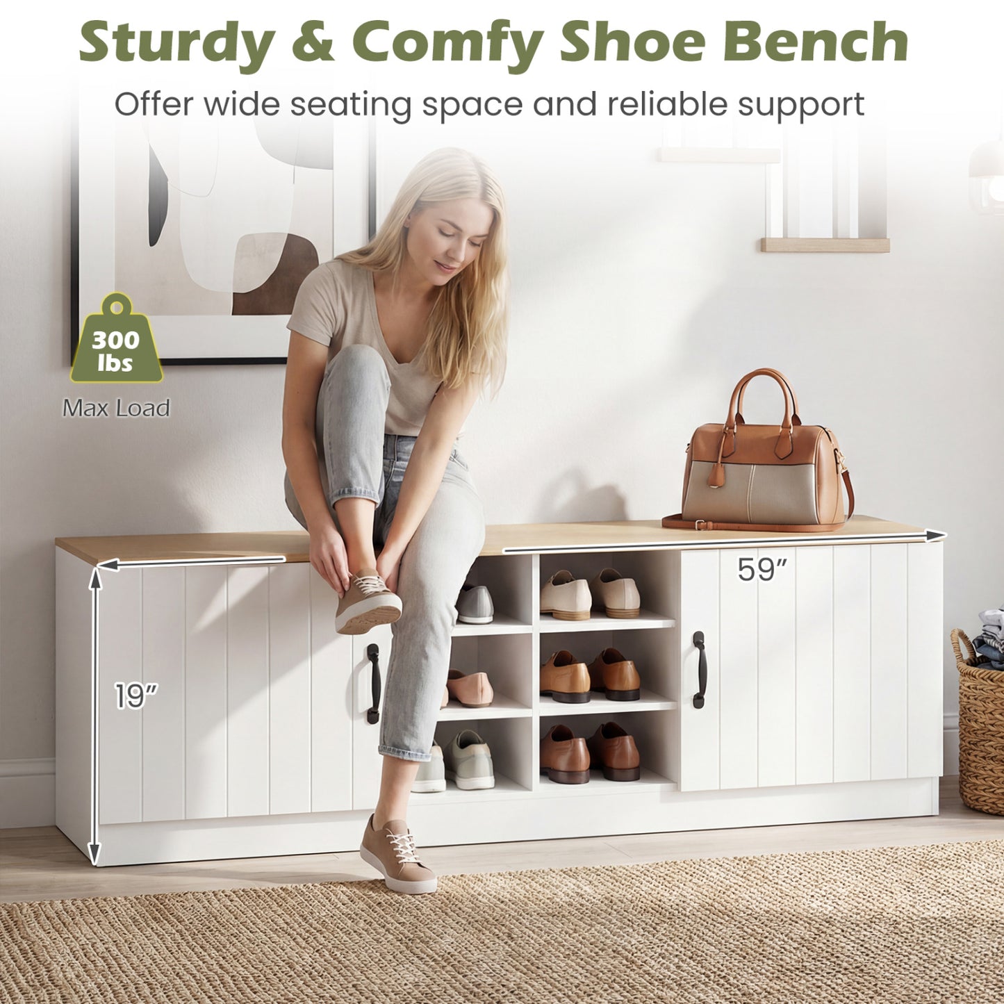 2-Door Shoe Bench Cabinet, Adjustable Shelves, Natural Shoe Racks & Storage Benches at Gallery Canada