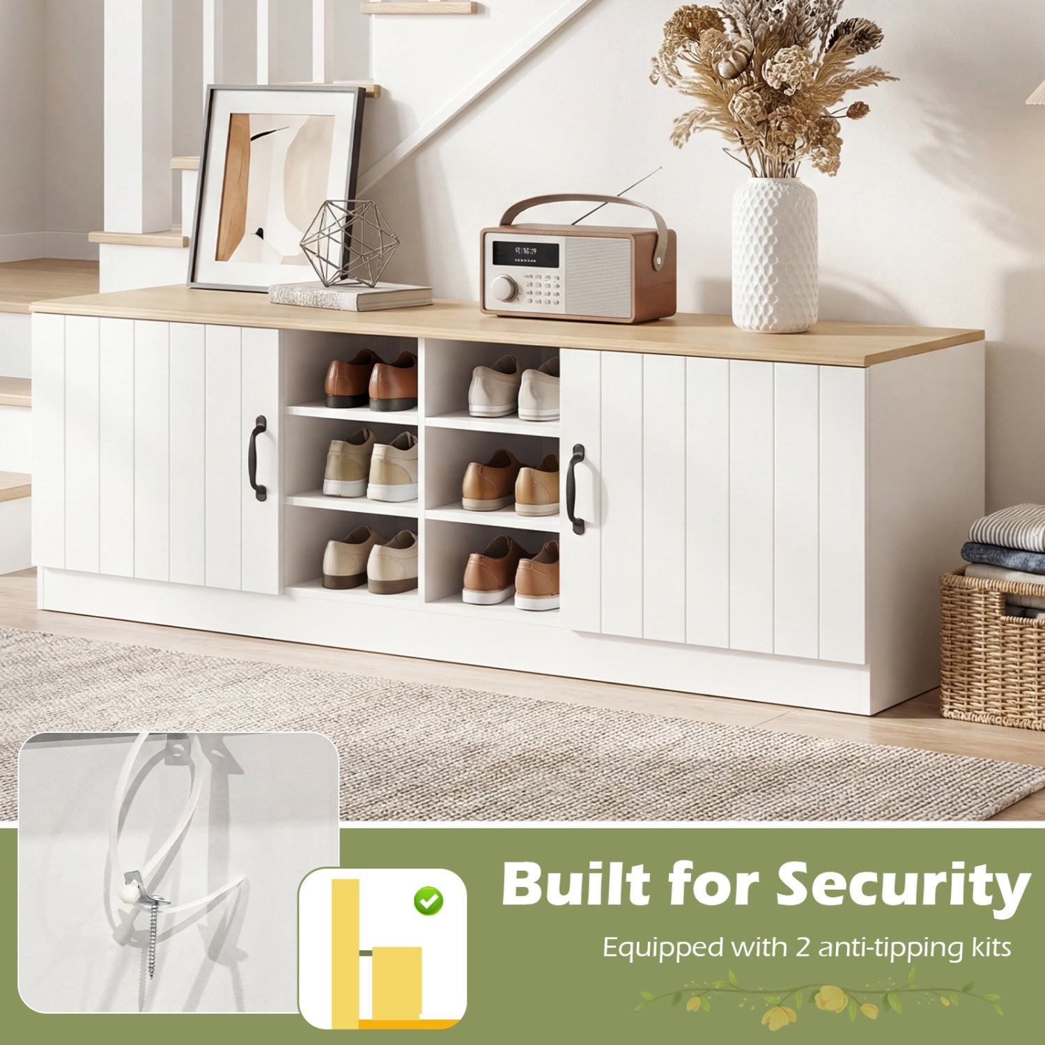 2-Door Shoe Bench Cabinet, Adjustable Shelves, Natural Shoe Racks & Storage Benches at Gallery Canada