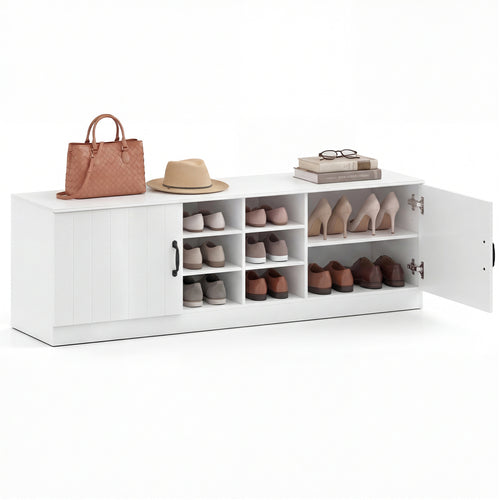 2-Door Shoe Bench Cabinet, Adjustable Shelves, White