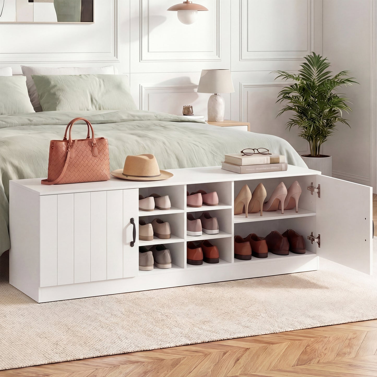 2-Door Shoe Bench Cabinet, Adjustable Shelves, White Shoe Racks & Storage Benches at Gallery Canada