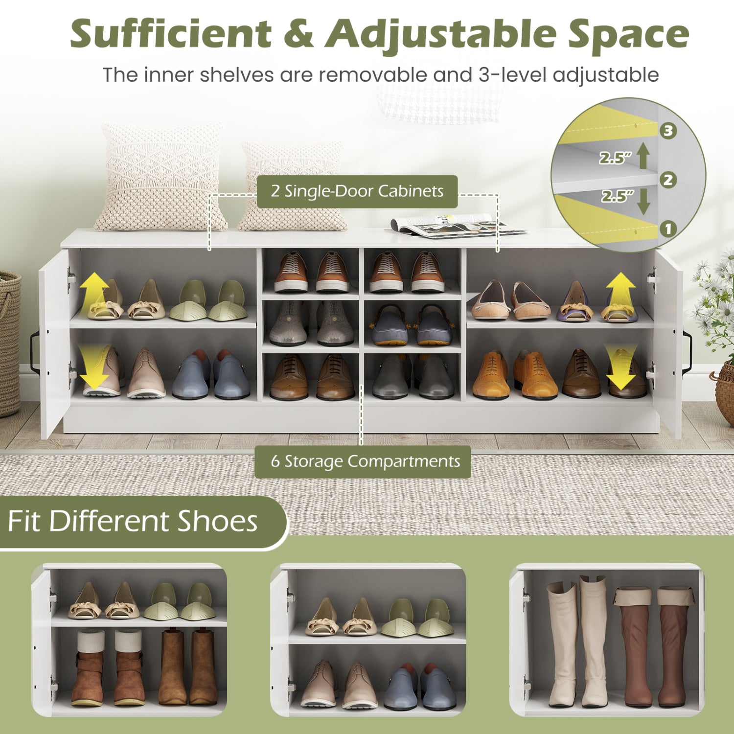2-Door Shoe Bench Cabinet, Adjustable Shelves, White Shoe Racks & Storage Benches at Gallery Canada