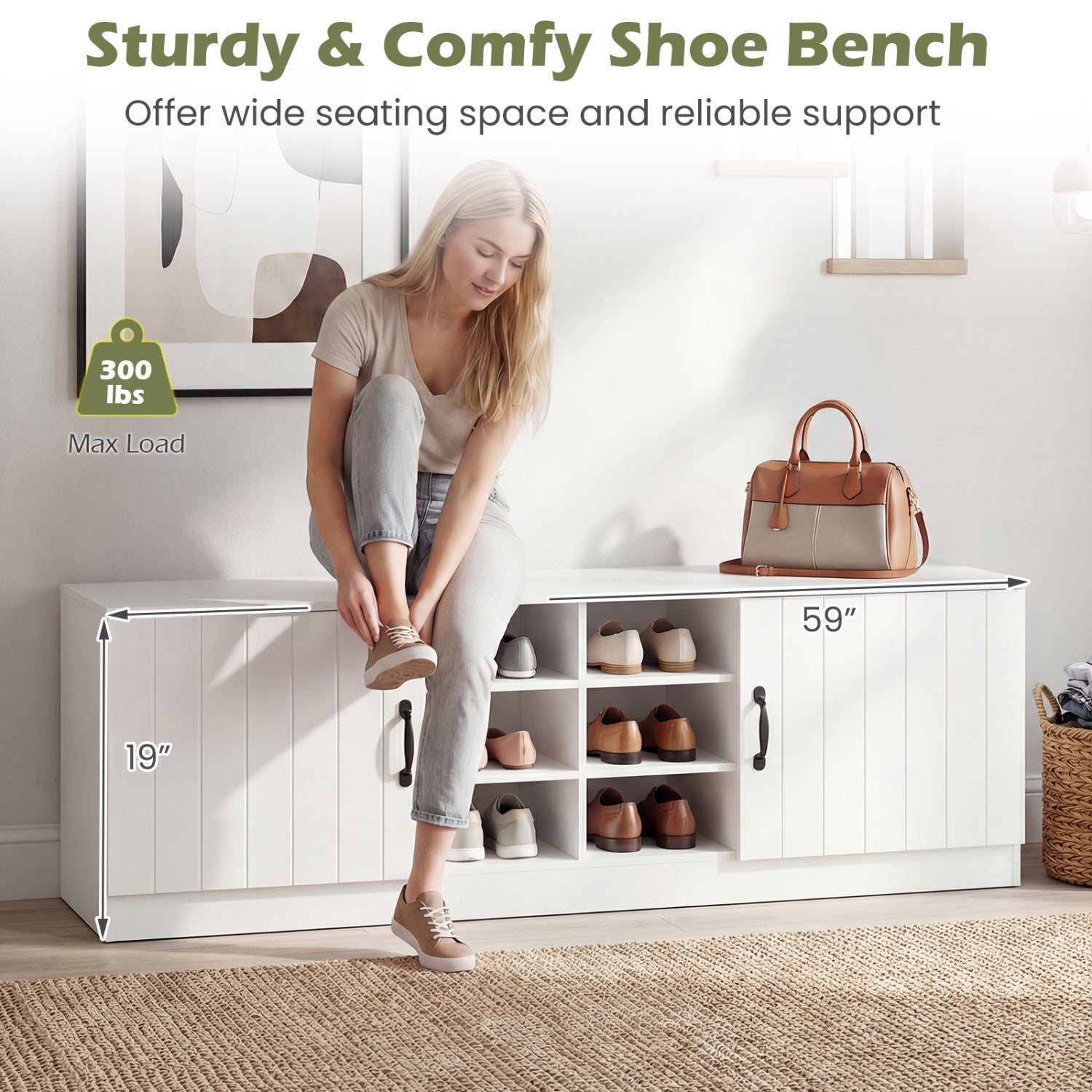 2-Door Shoe Bench Cabinet, Adjustable Shelves, White Shoe Racks & Storage Benches at Gallery Canada