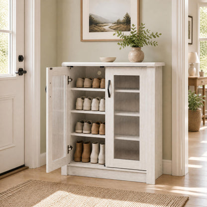2-Door Wooden Shoe Cabinet, Removable Shelves, White