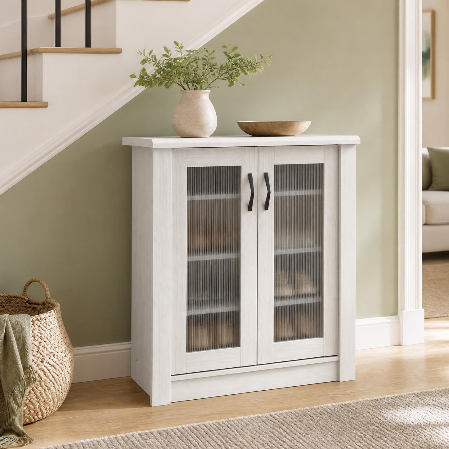 2-Door Wooden Shoe Cabinet, Removable Shelves, White