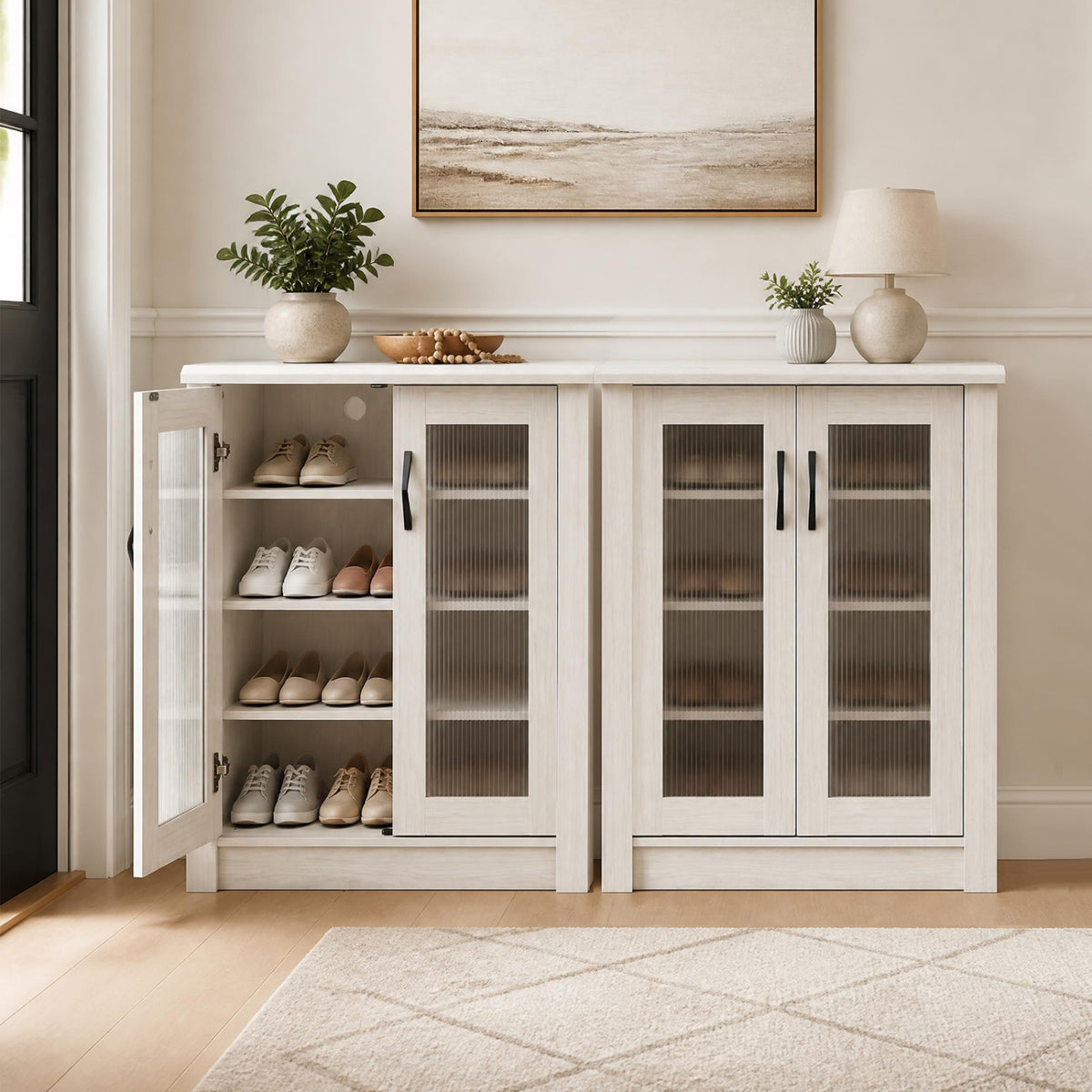 2-Door Wooden Shoe Cabinet, Removable Shelves, White