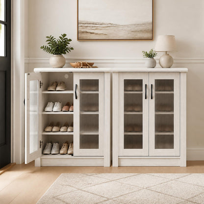 2-Door Wooden Shoe Cabinet, Removable Shelves, White