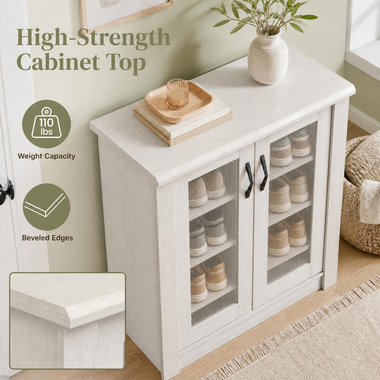 2-Door Wooden Shoe Cabinet, Removable Shelves, White