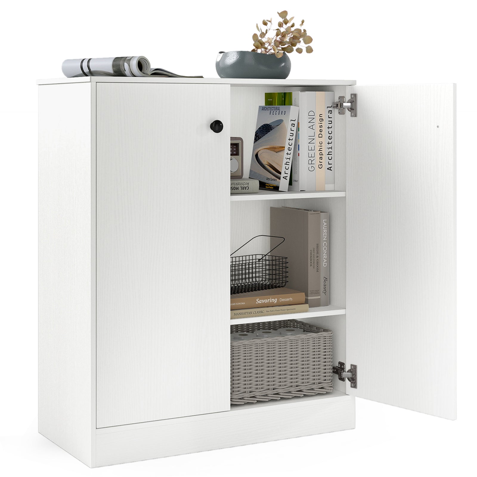 2 Door Storage Cabinet, 3-Tier Shelf, White Cabinets & Chests White at Gallery Canada