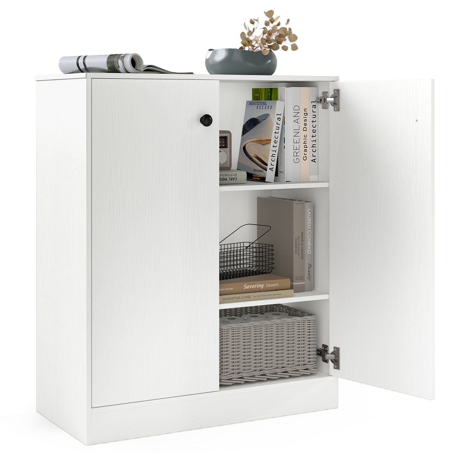 2 Door Storage Cabinet, 3-Tier Shelf, White Cabinets & Chests White at Gallery Canada