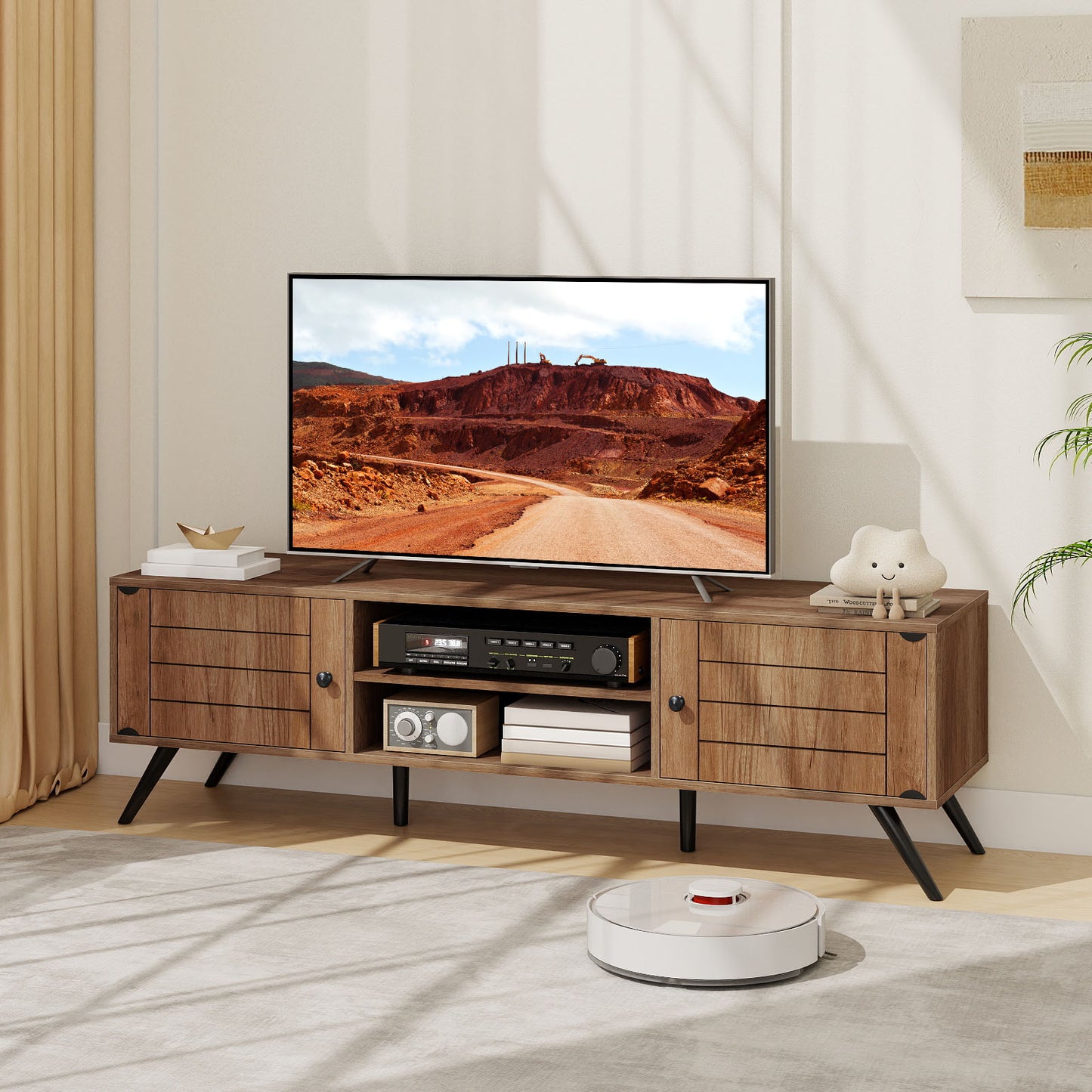 2-Door TV Stand for TVs up to 65 Inch with Open Shelves, Oak