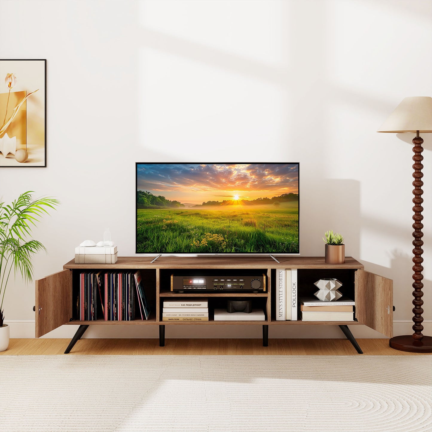 2-Door TV Stand for TVs up to 65 Inch with Open Shelves, Oak