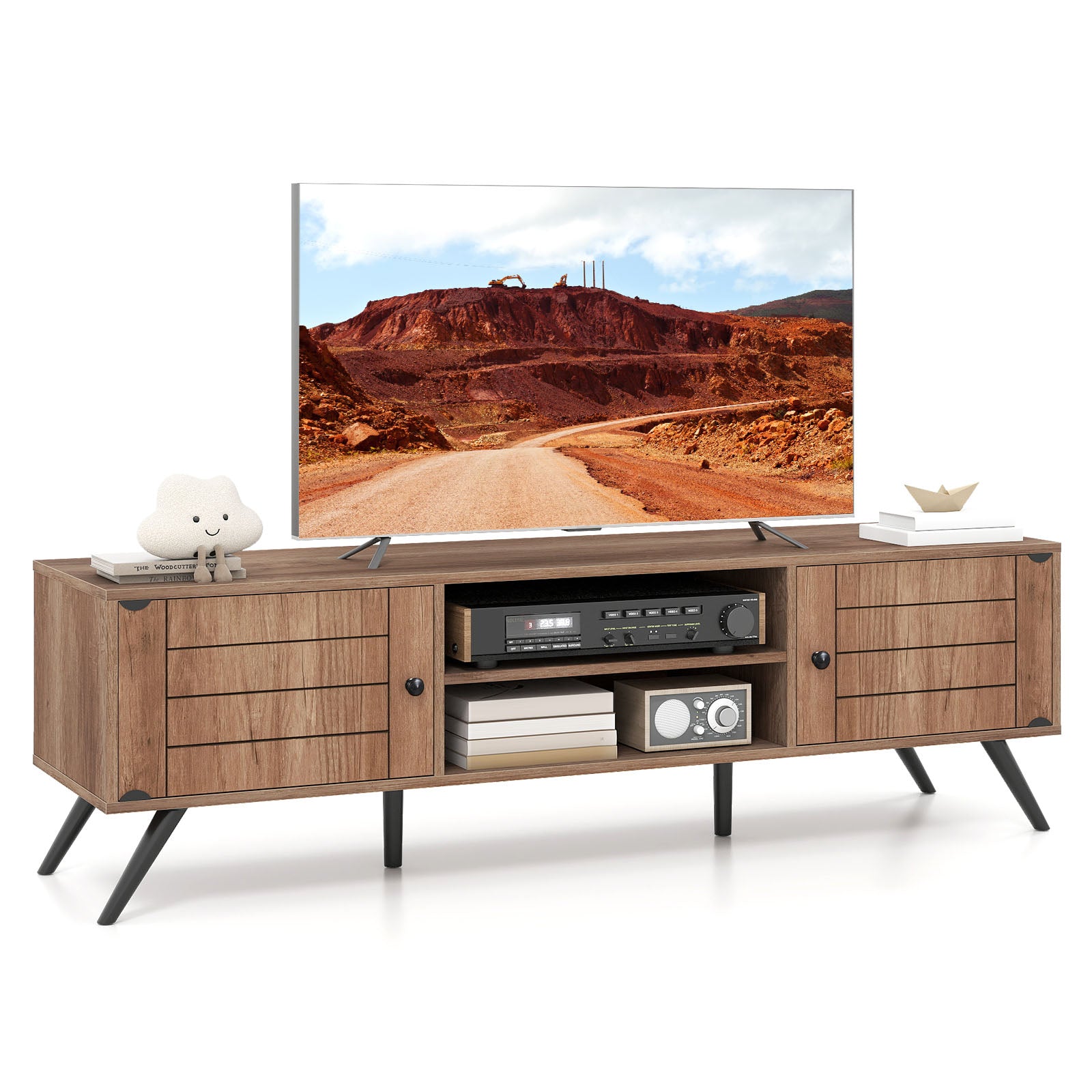 2-Door TV Stand for TVs up to 65 Inch with Open Shelves, Oak Entertainment Centers & TV Stands at Gallery Canada