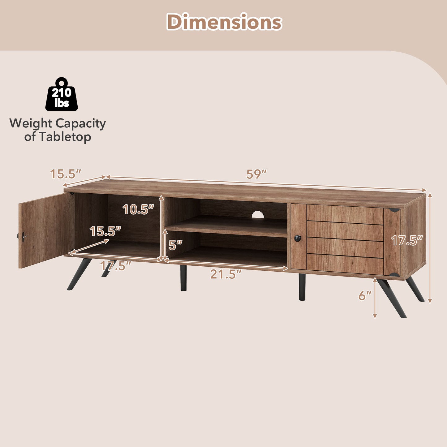 2-Door TV Stand for TVs up to 65 Inch with Open Shelves, Oak
