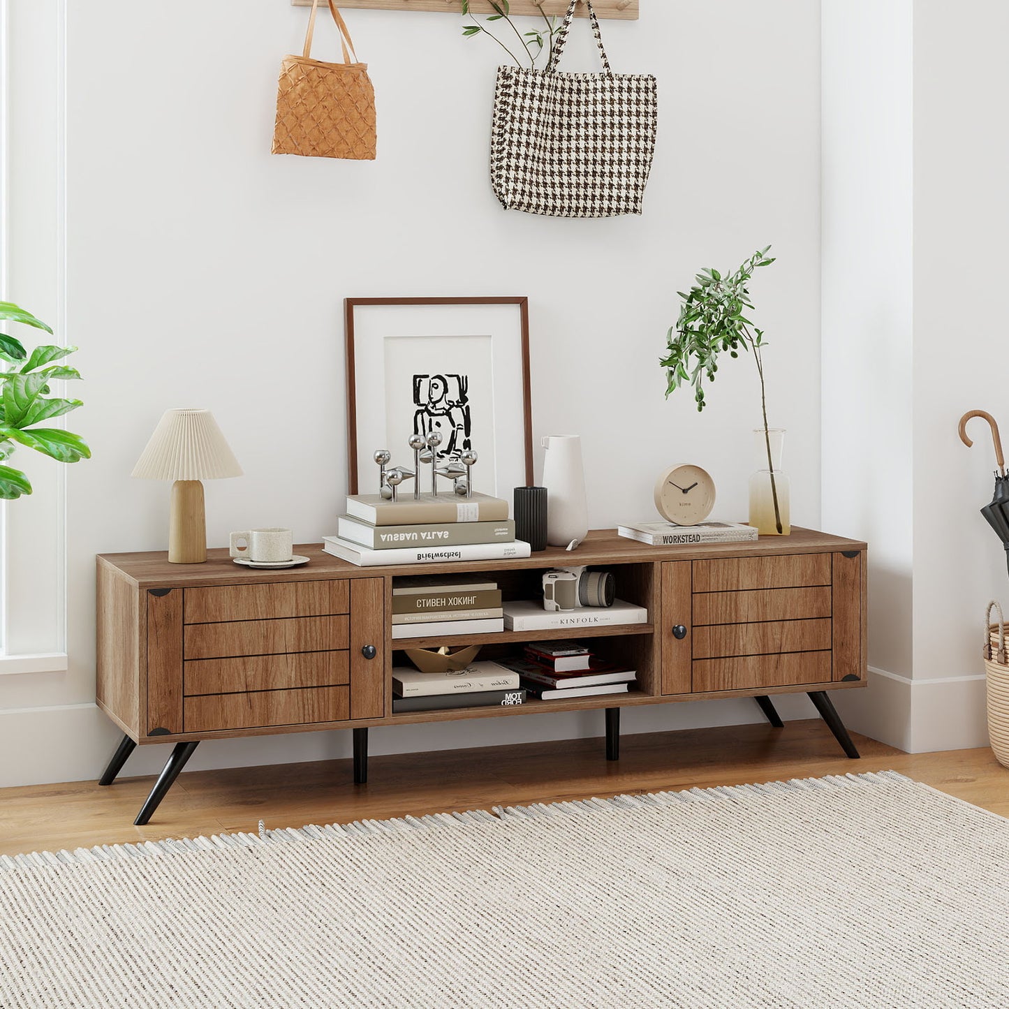 2-Door TV Stand for TVs up to 65 Inch with Open Shelves, Oak