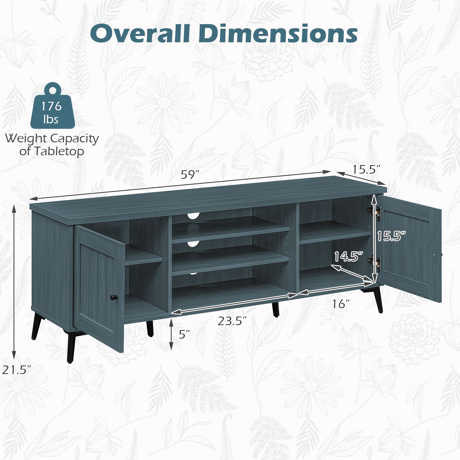 2-Door TV Stand for TVs Up to 65 Inch, Turquoise Entertainment Centers & TV Stands at Gallery Canada