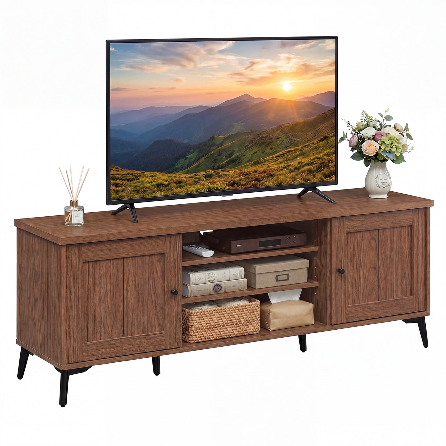 Mid Century Modern TV Stand, 2-Door Entertainment Center, 65 Inch, Brown Entertainment Centers & TV Stands Brown at Gallery Canada