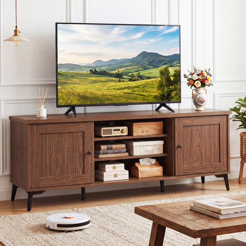 Mid Century Modern TV Stand, 2-Door Entertainment Center, 65 Inch, Brown