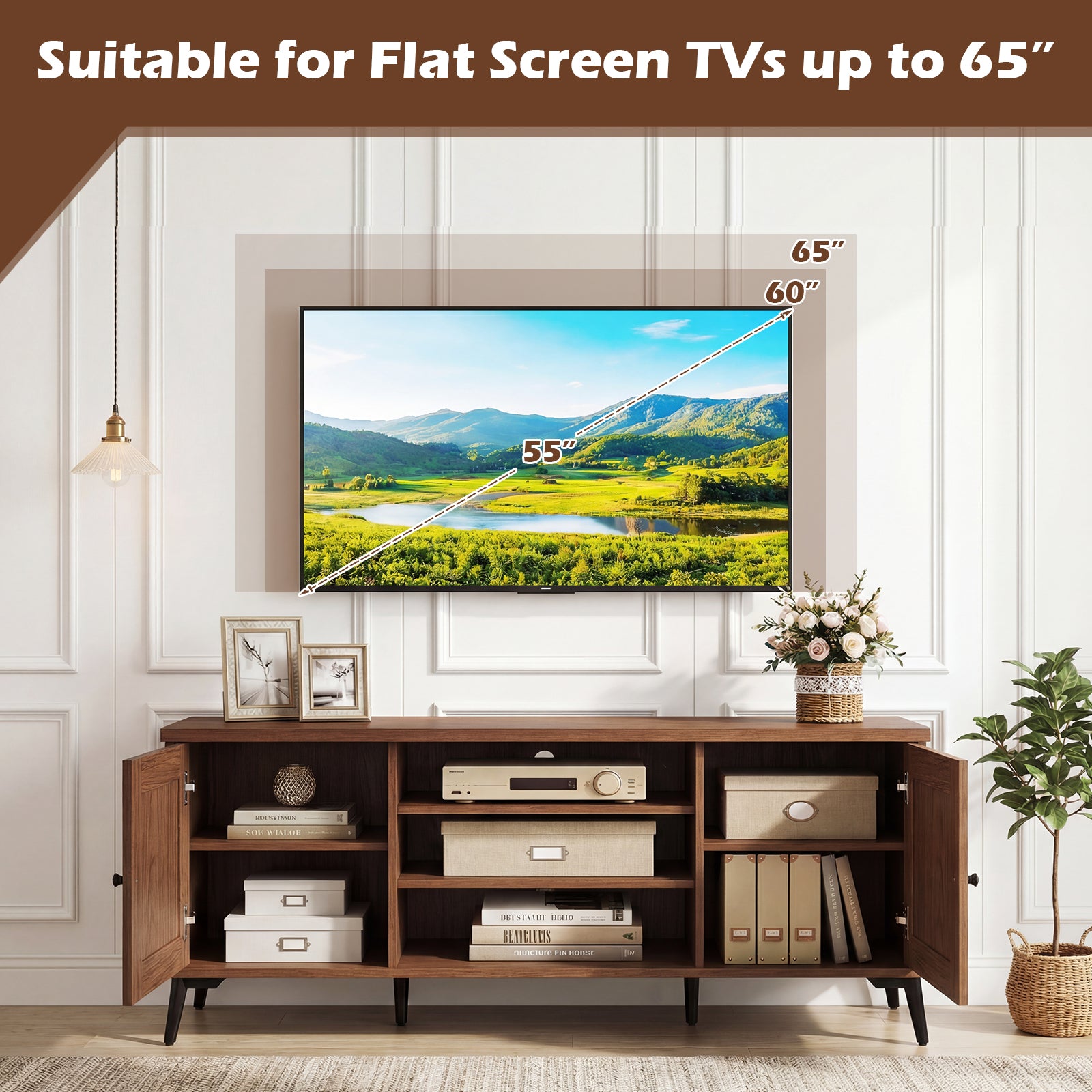 Mid Century Modern TV Stand, 2-Door Entertainment Center, 65 Inch, Brown Entertainment Centers & TV Stands at Gallery Canada