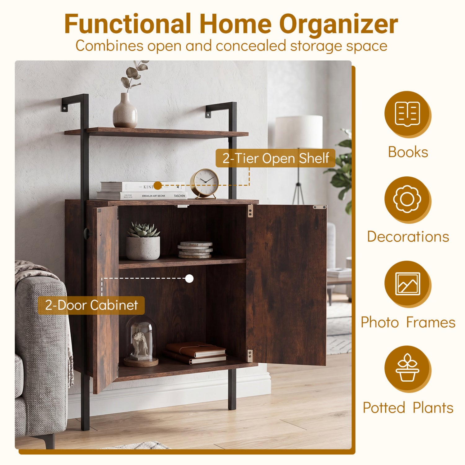 2-Door Wall Mount Bookshelf With Storage, Rustic Brown Bookcases at Gallery Canada