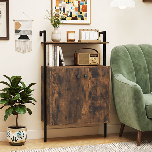2-Door Wall Mount Bookshelf With Storage, Rustic Brown