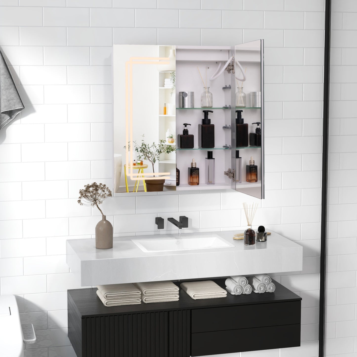 2 Door Bathroom Mirror Medicine Cabinet With Lights, White Wall Cabinets at Gallery Canada