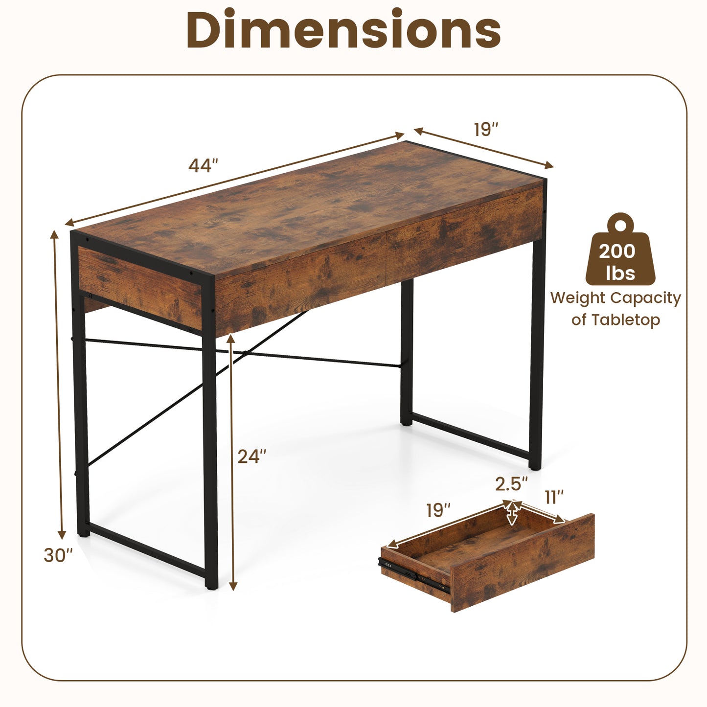 2-Drawer Home Office Desk with Steel Frame, Brown Writing Desks at Gallery Canada