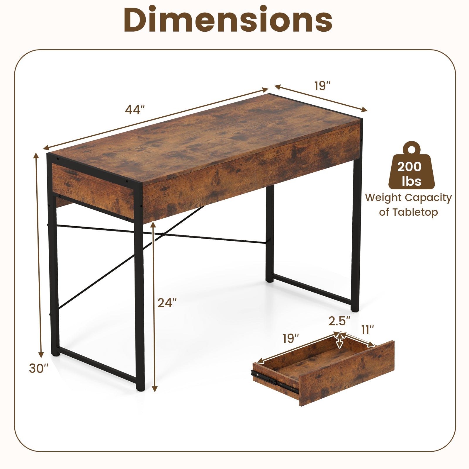 2-Drawer Home Office Desk with Steel Frame, Brown Writing Desks at Gallery Canada