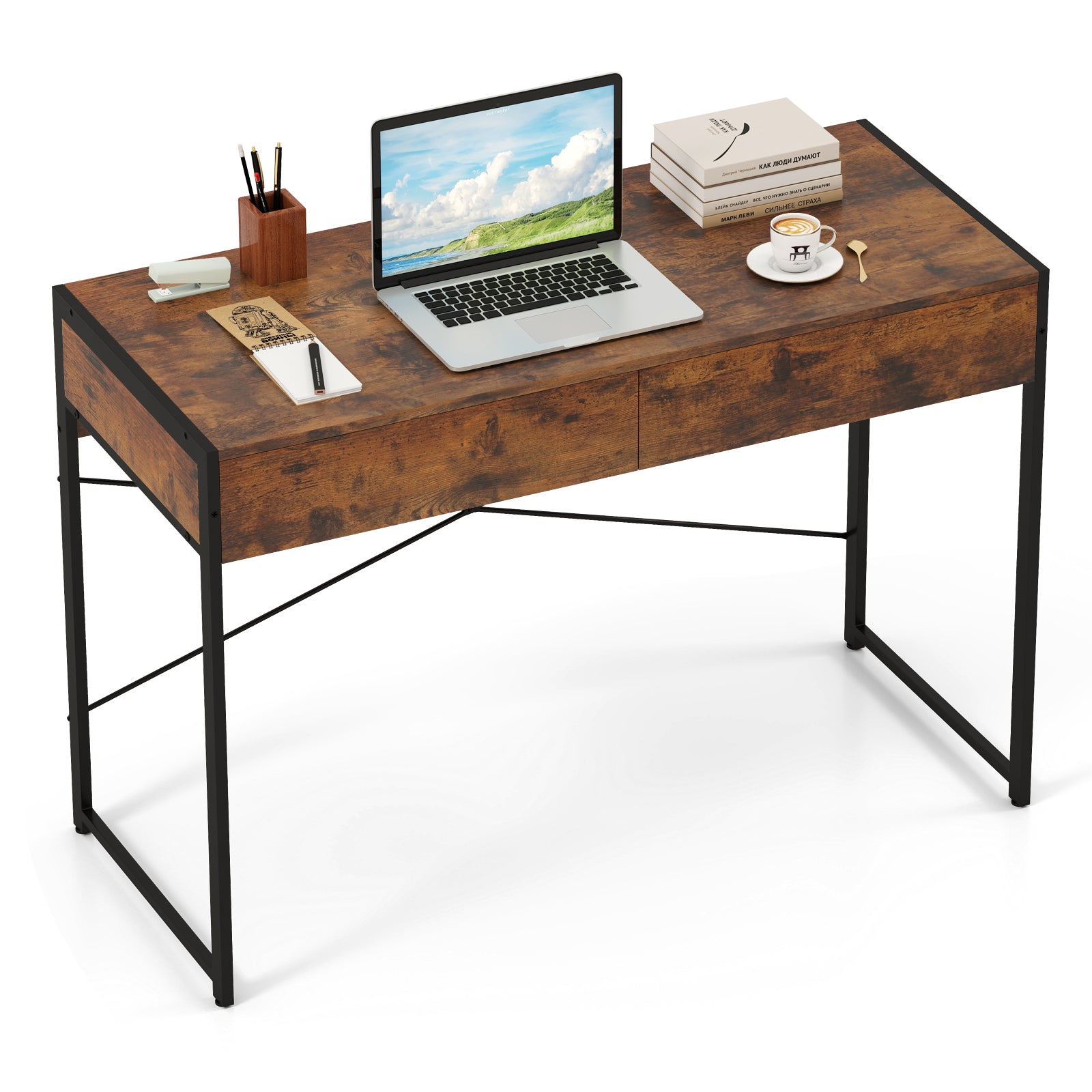 2-Drawer Home Office Desk with Steel Frame, Brown Writing Desks at Gallery Canada