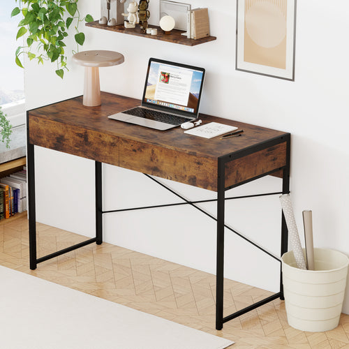 2-Drawer Home Office Desk with Steel Frame, Brown