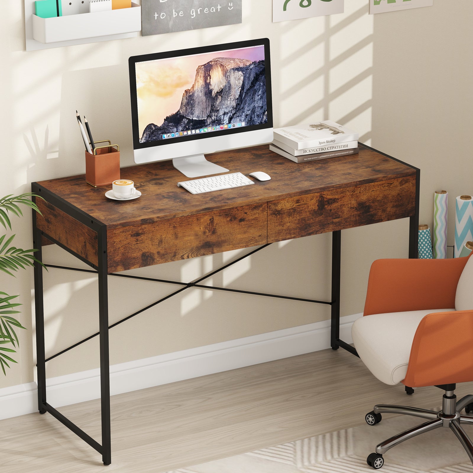 2-Drawer Home Office Desk with Steel Frame, Brown Writing Desks at Gallery Canada