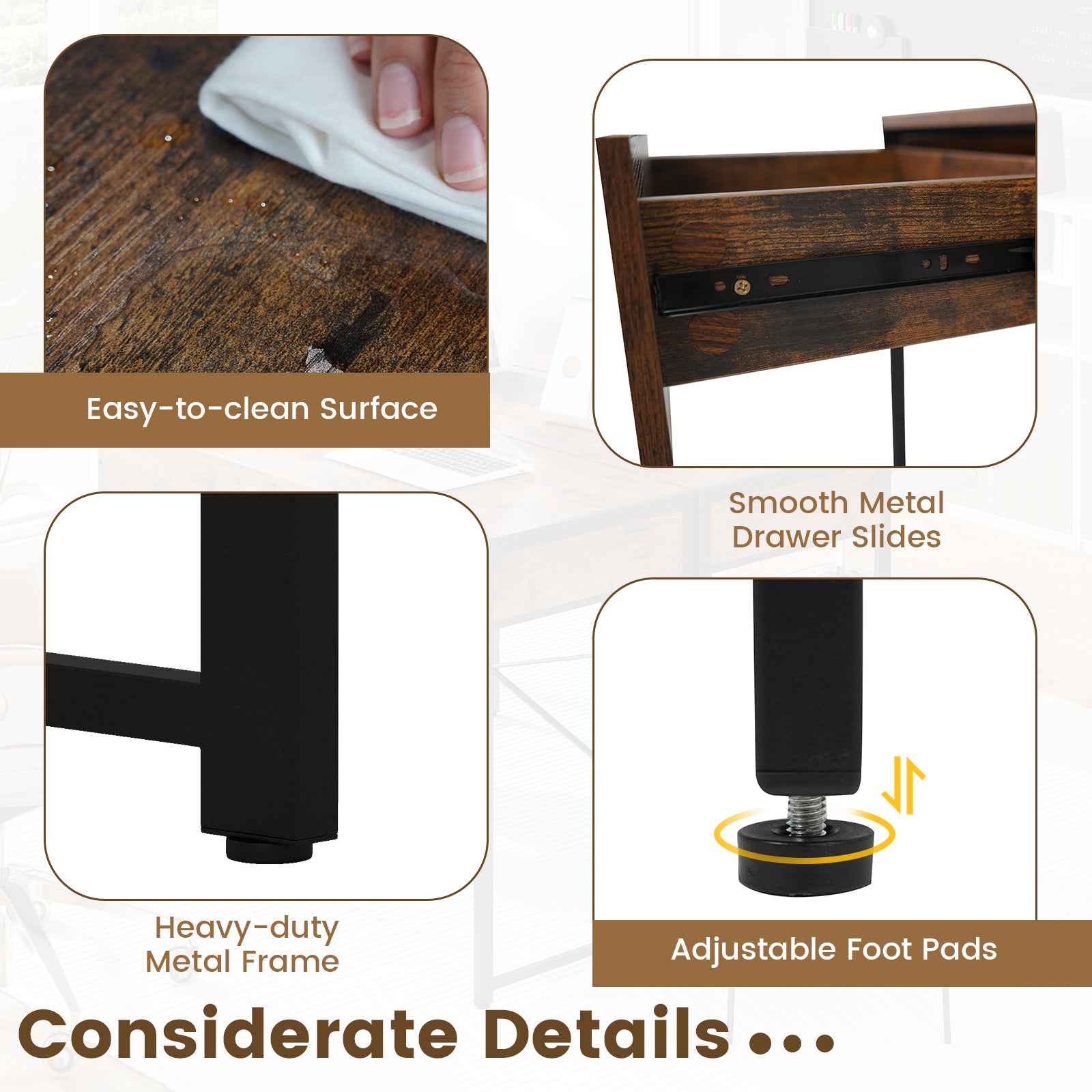 2-Drawer Home Office Desk with Steel Frame, Brown Writing Desks at Gallery Canada