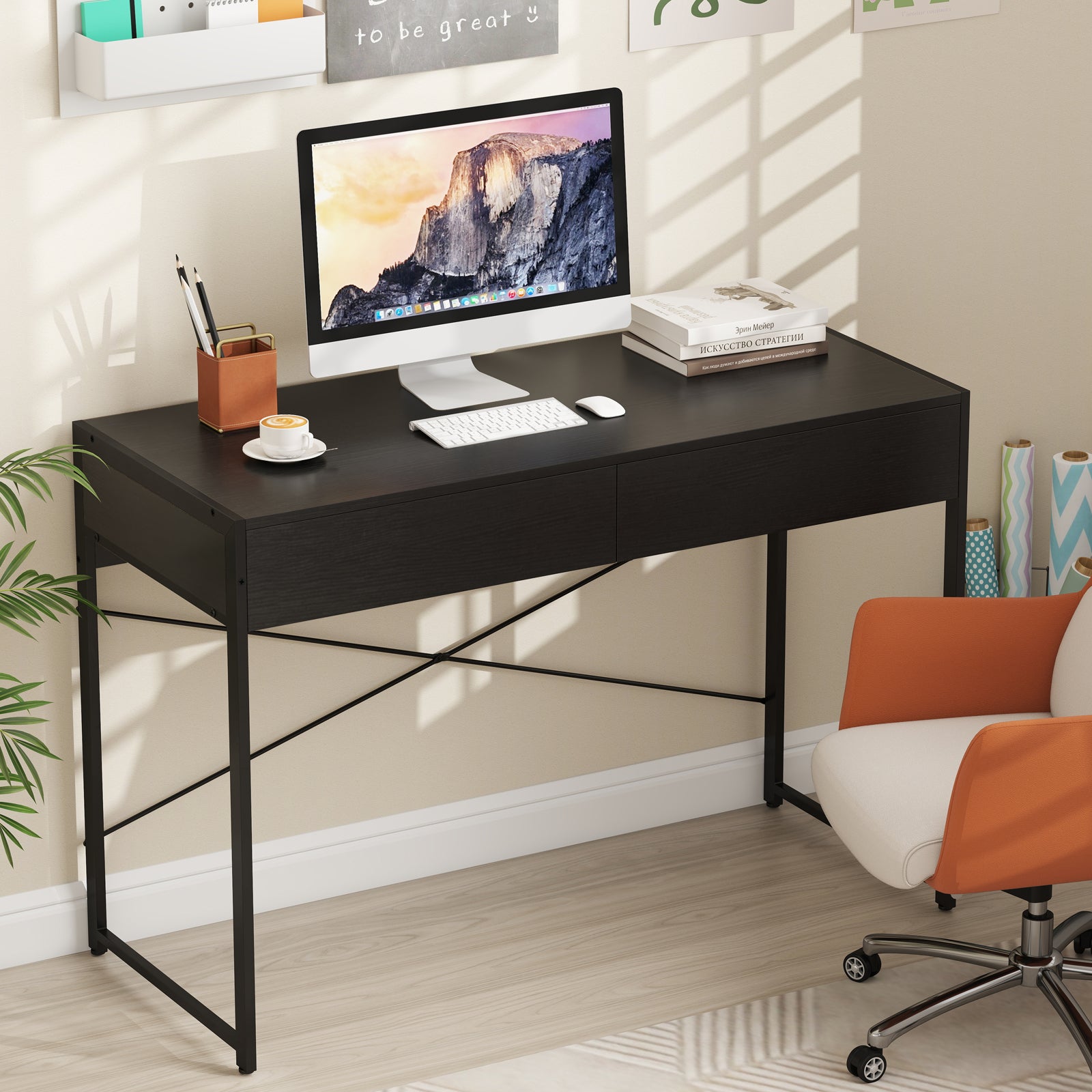 2-Drawer Home Office Desk, Steel Frame, Black Writing Desks at Gallery Canada