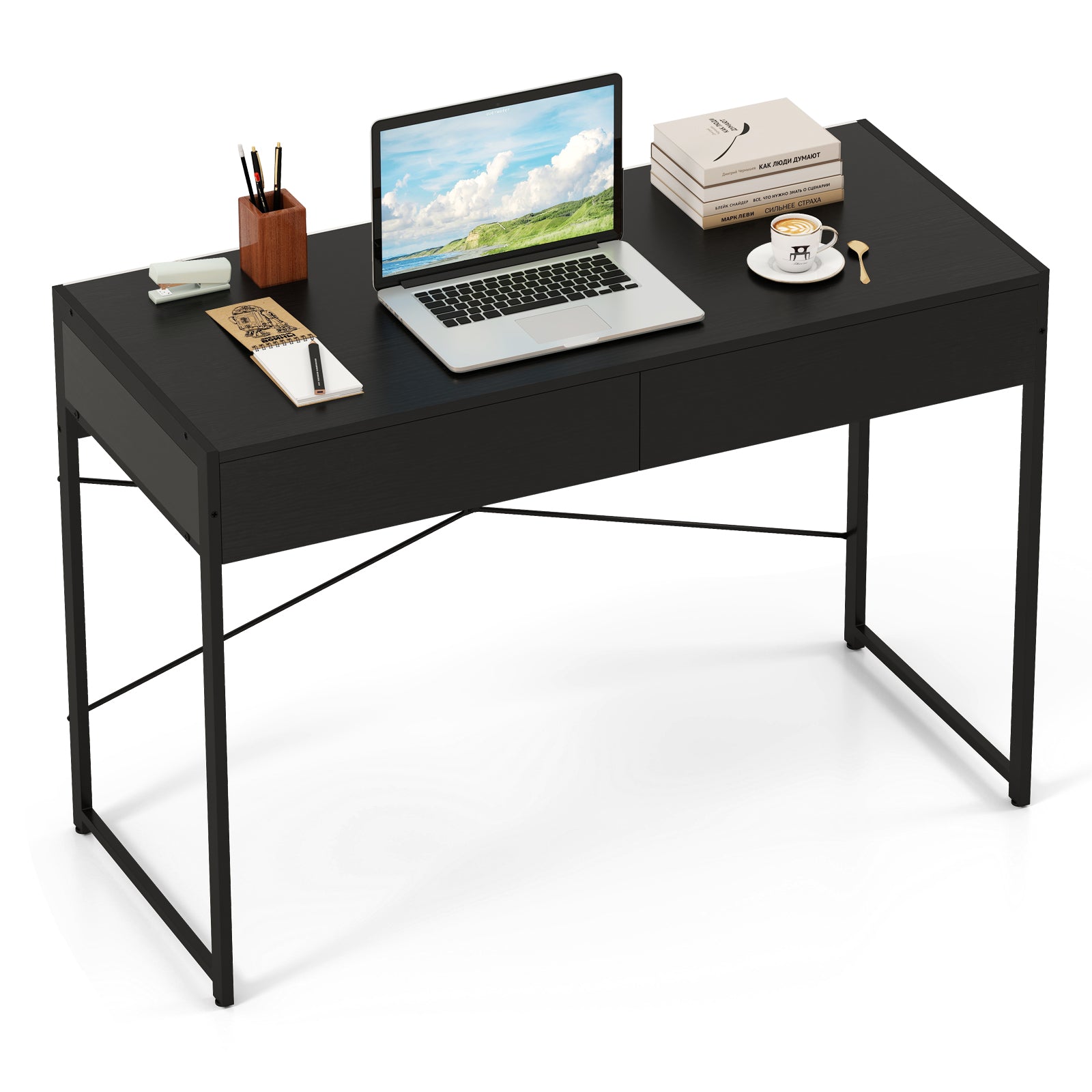 2-Drawer Home Office Desk, Steel Frame, Black Writing Desks at Gallery Canada