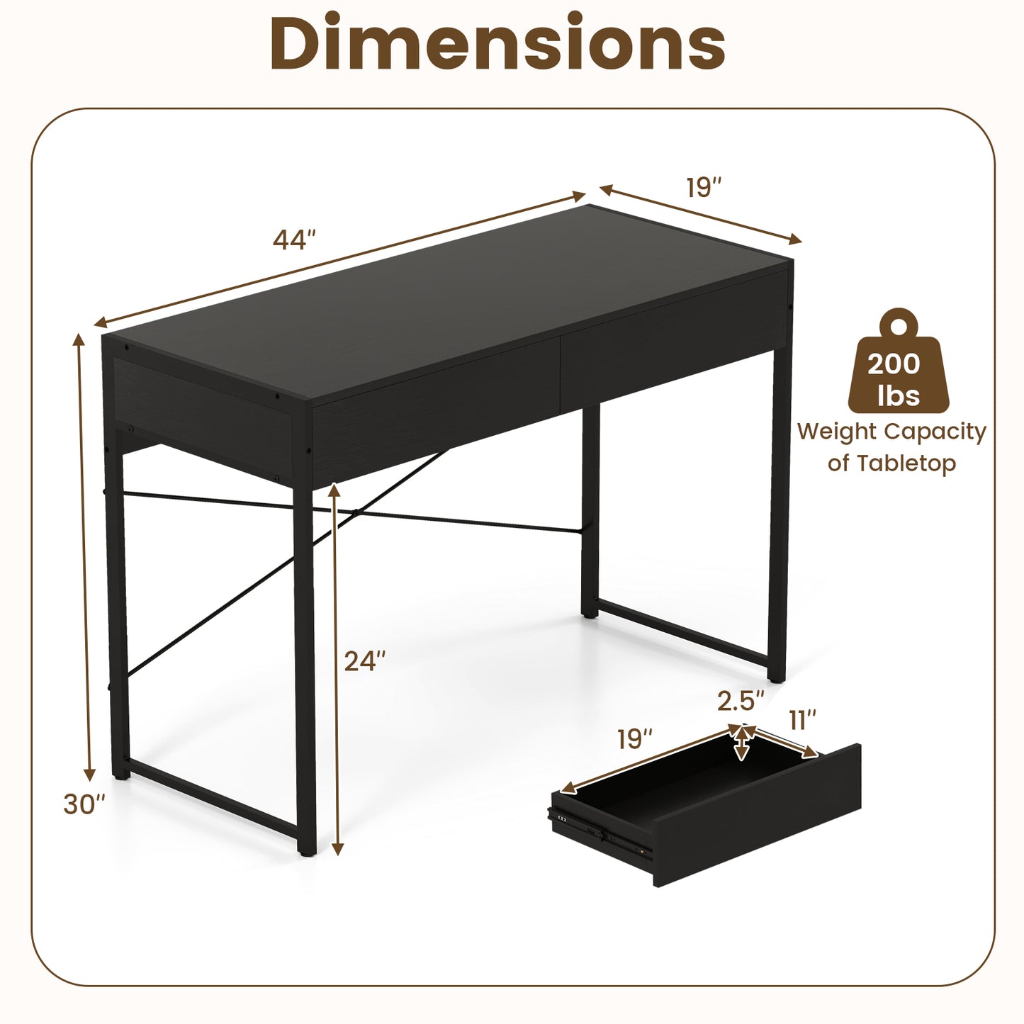 2-Drawer Home Office Desk, Steel Frame, Black Writing Desks at Gallery Canada