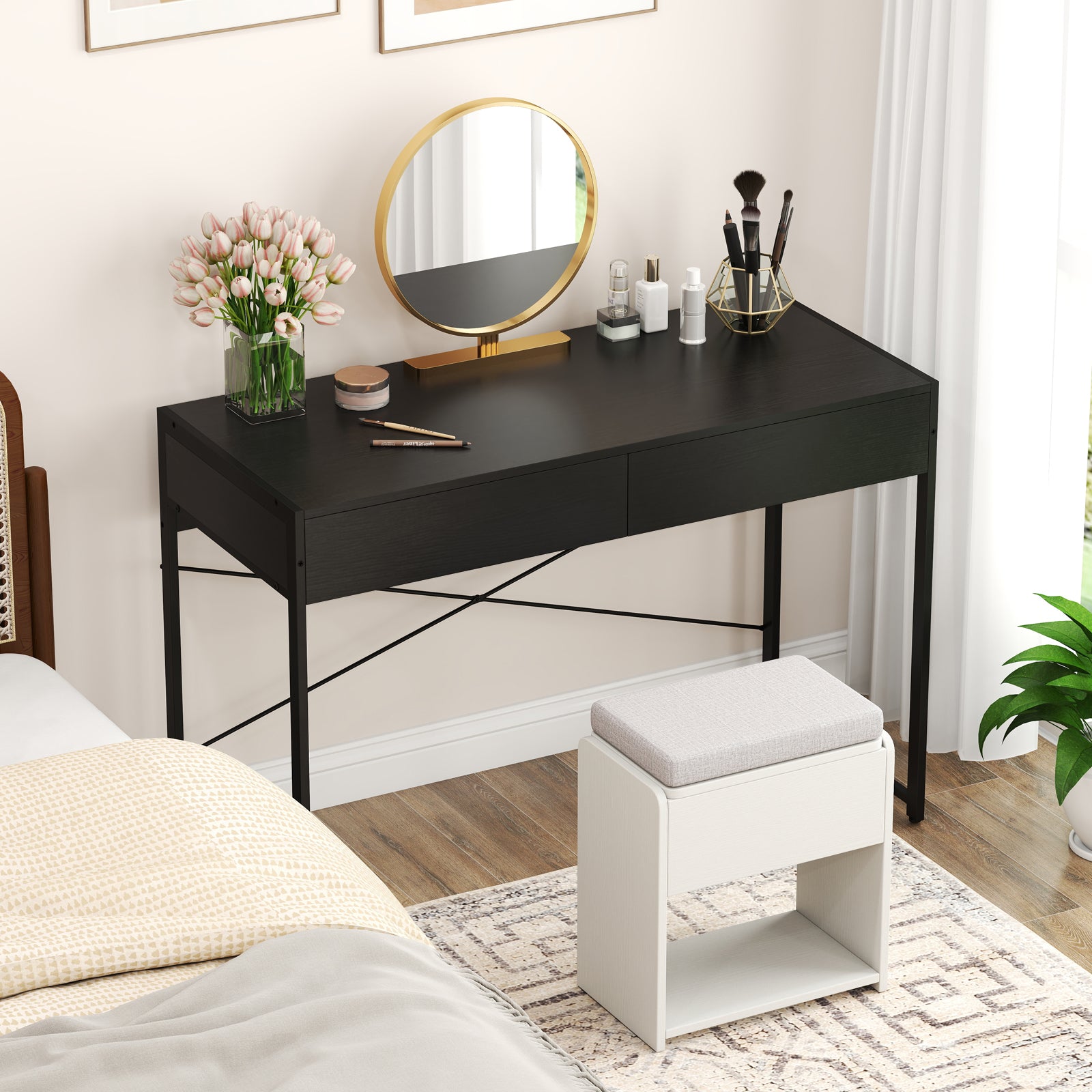 2-Drawer Home Office Desk, Steel Frame, Black Writing Desks at Gallery Canada