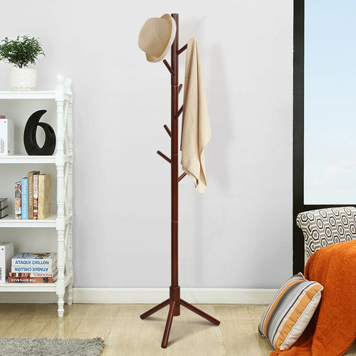 2 Heights Wooden Coat Rack with 8 Hooks, Walnut