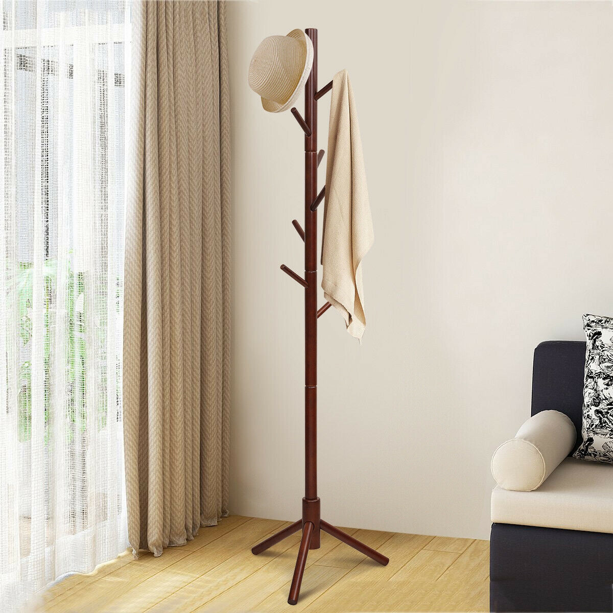 2 Heights Wooden Coat Rack with 8 Hooks, Walnut Coat Racks & Hall Trees at Gallery Canada