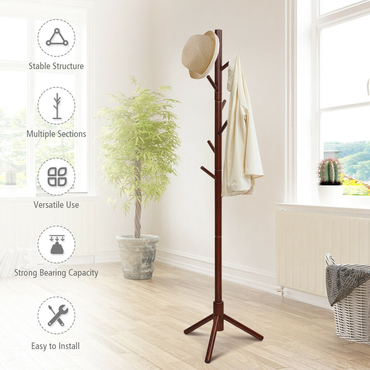 2 Heights Wooden Coat Rack with 8 Hooks, Walnut Coat Racks & Hall Trees at Gallery Canada