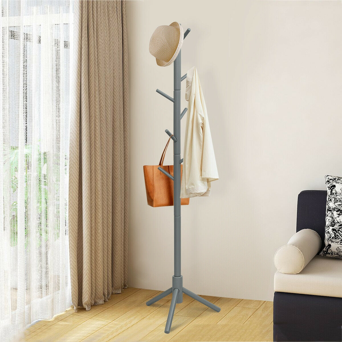 2 Heights Wooden Coat Rack with 8 Hooks, Gray Coat Racks & Hall Trees at Gallery Canada