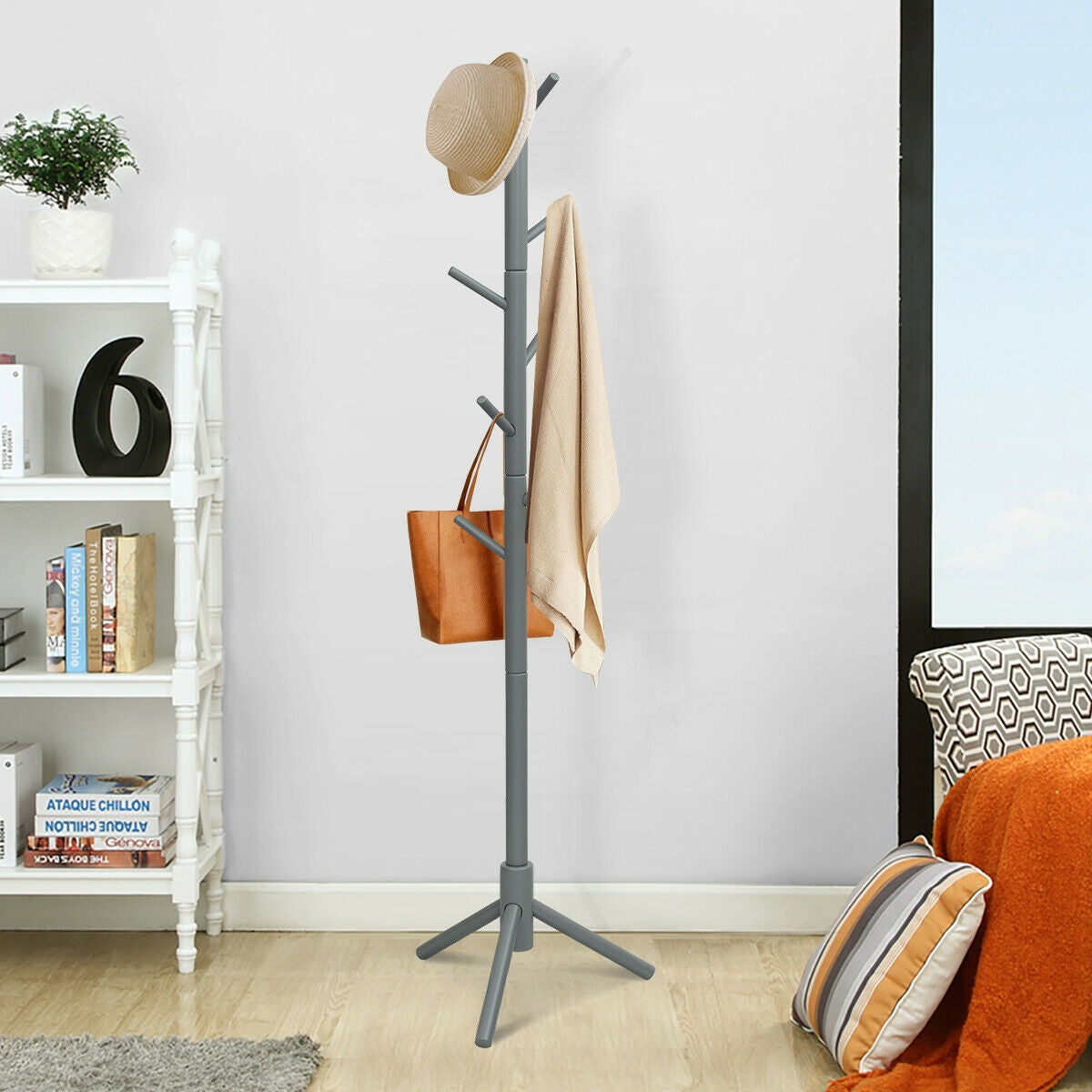 2 Heights Wooden Coat Rack with 8 Hooks, Gray Coat Racks & Hall Trees at Gallery Canada
