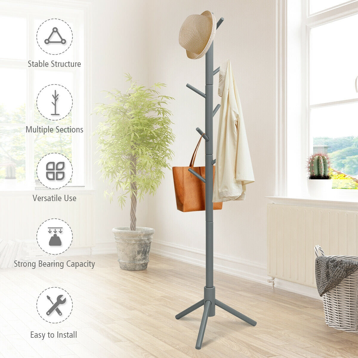 2 Heights Wooden Coat Rack with 8 Hooks, Gray Coat Racks & Hall Trees at Gallery Canada