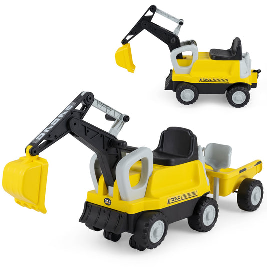Kids Ride-On Tractor With Digging Arm & Trailer, Yellow Push & Pedal Ride On Toys Yellow at Gallery Canada