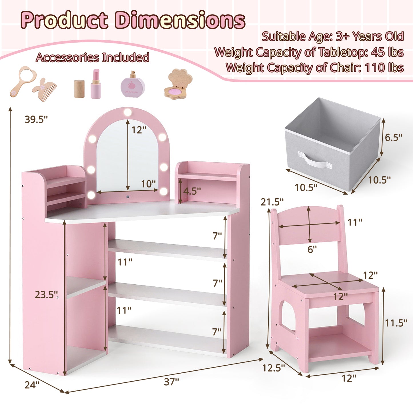 2-In-1 Kids Vanity Set with Lights for Toddlers 3+ Years Old, Pink