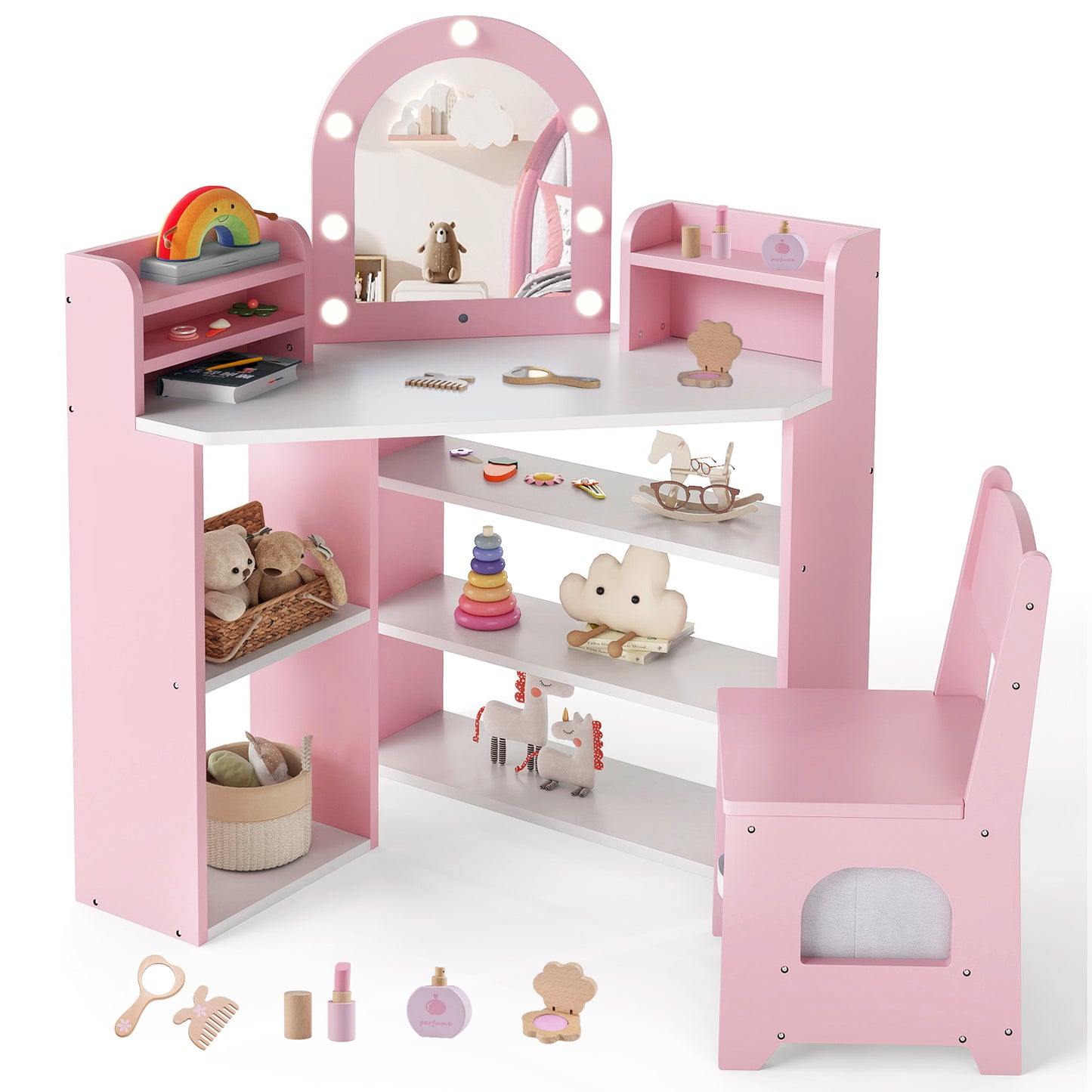 2-In-1 Kids Vanity Set with Lights for Toddlers 3+ Years Old, Pink