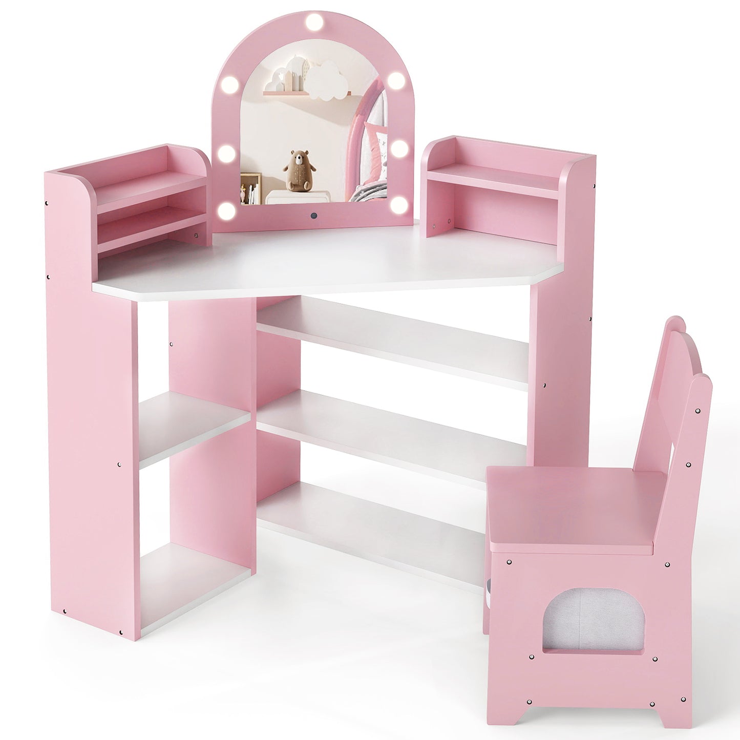2-In-1 Kids Vanity Set with Lights for Toddlers 3+ Years Old, Pink