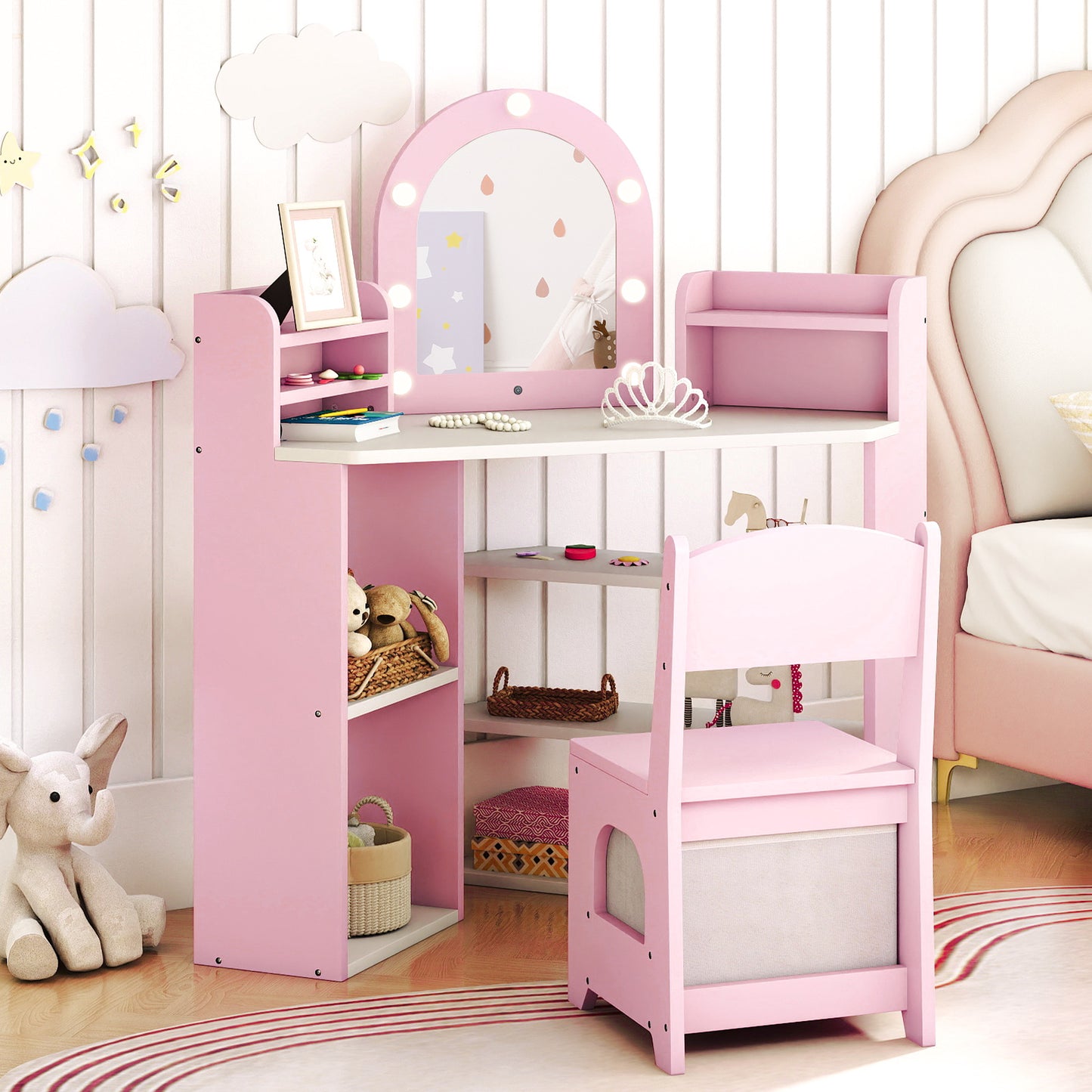 2-In-1 Kids Vanity Set with Lights for Toddlers 3+ Years Old, Pink